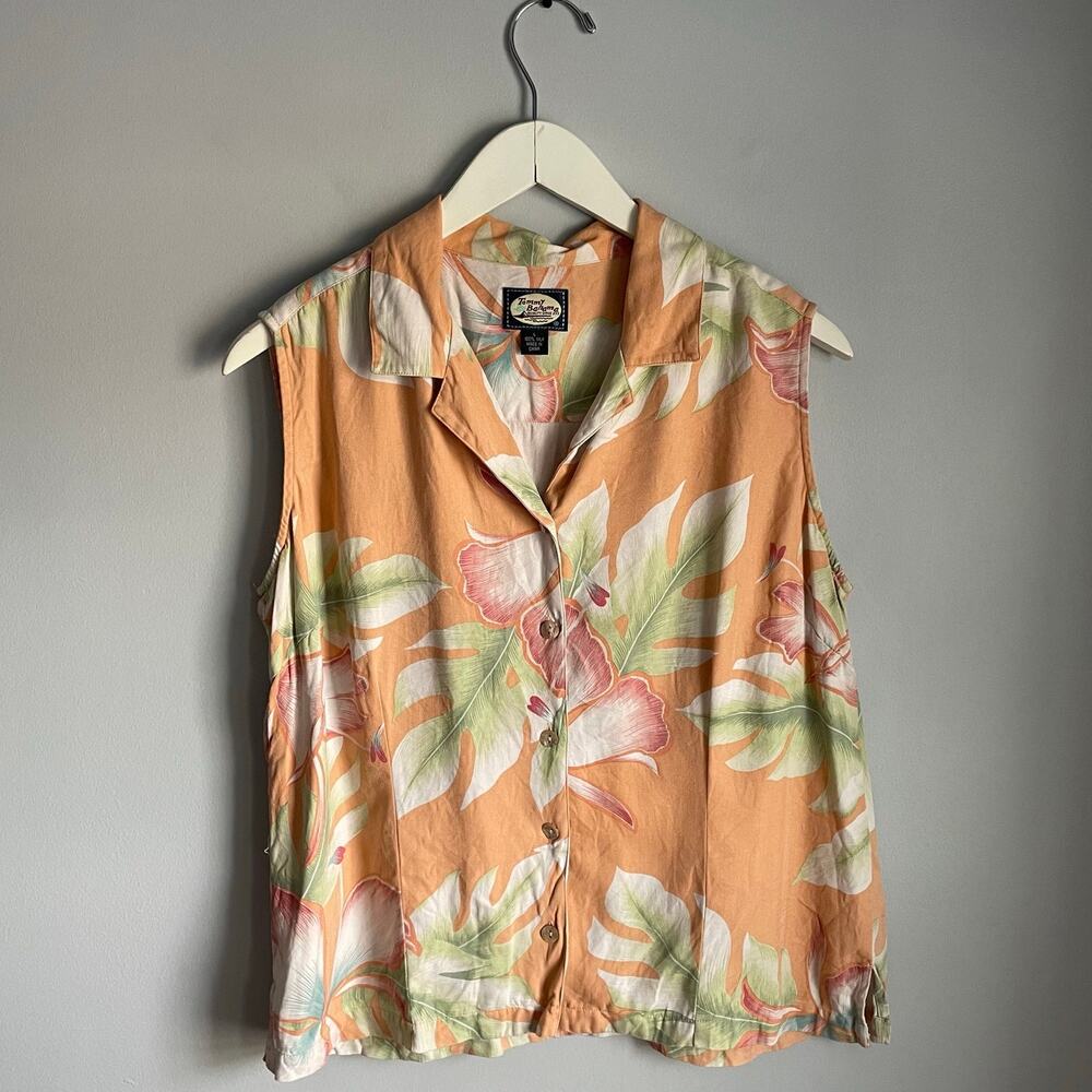 Vintage Tommy Bahama Tropical Sleeveless Shirt Hawaiian Silk Orange Button Up L